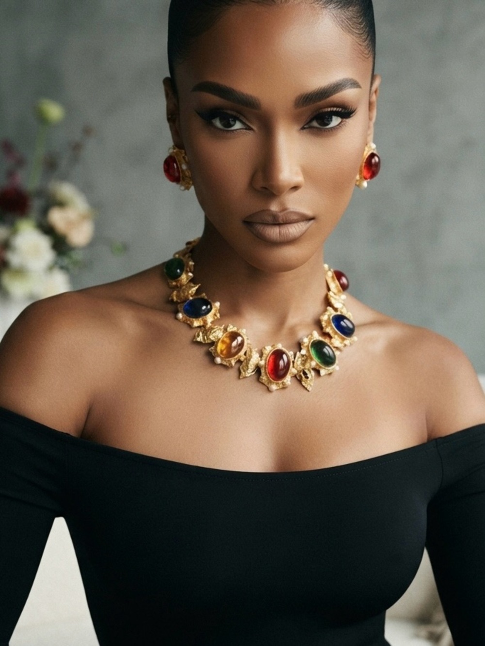 18KGP Vintage Inspired Multicolor Gemstone Statement Necklace & Earring Set